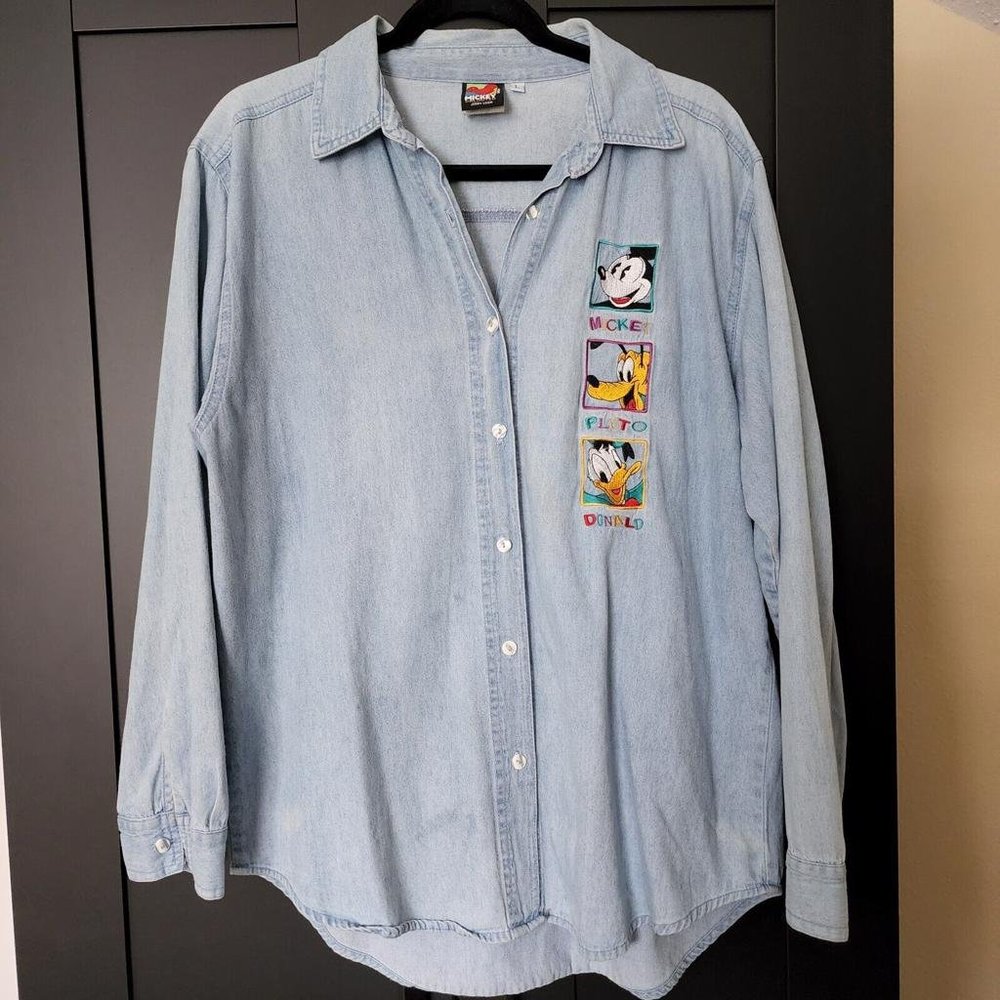 Mickey Unlimited Jerry Leigh Women's Denim Shirt Sz L Mickey Pluto Donald